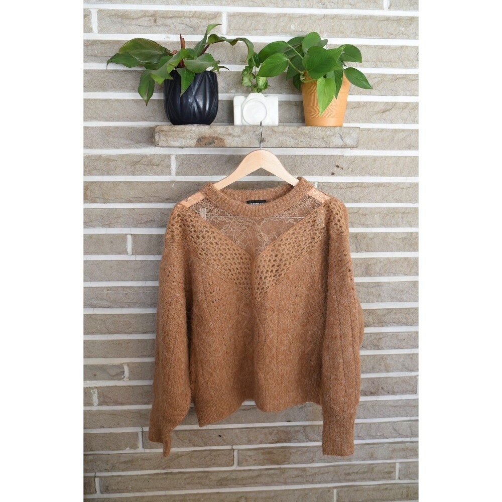 Express Tan Wool Blend Cable Pointelle Knit Sweater with Sheer Lace Puff Sleeves